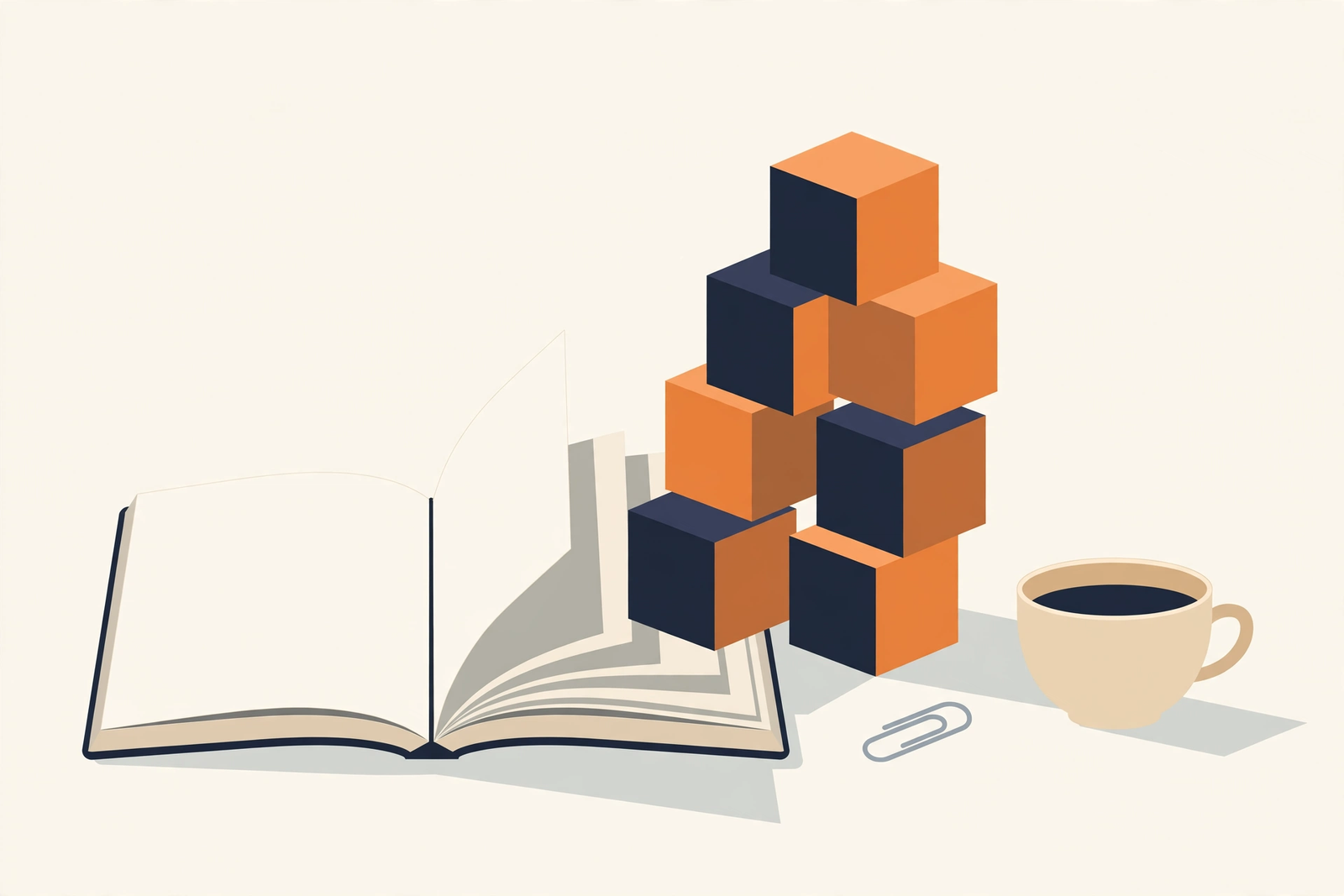 Flat vector illustration of an open notebook turning into a stack of navy and orange building blocks beside a coffee cup