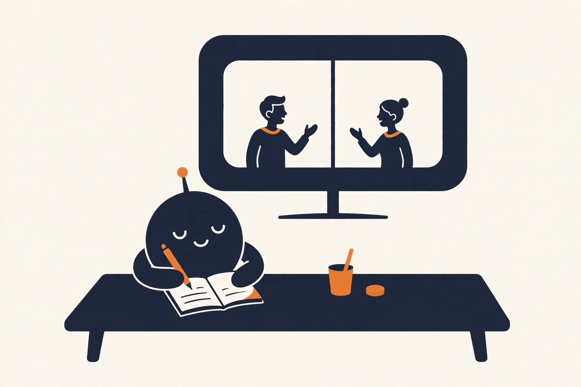 Flat illustration of a small robot taking notes at a table while two people talk on a video call screen
