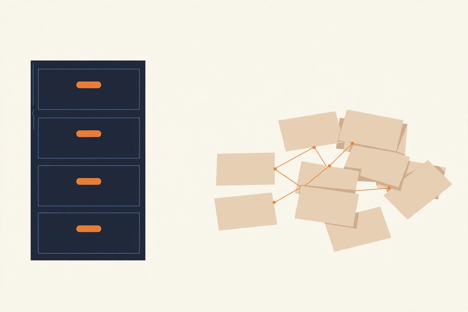 Flat vector illustration of a navy filing cabinet beside scattered index cards linked by thin orange lines, on a cream background