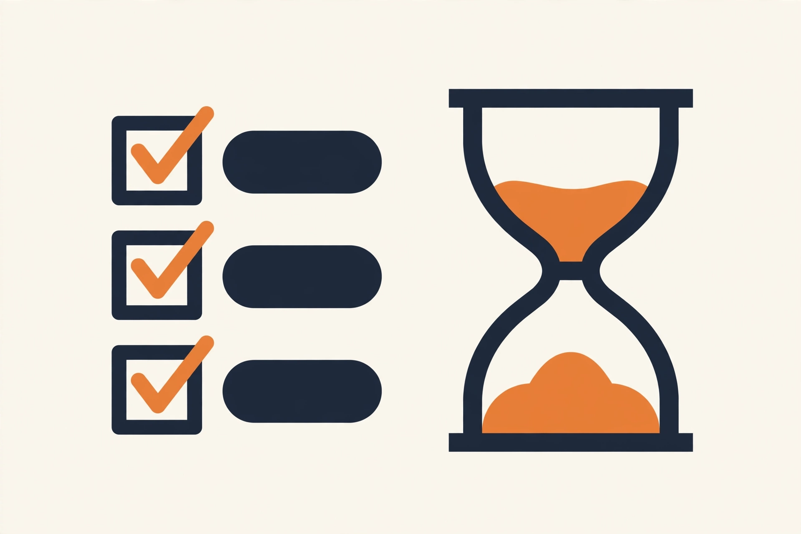 Flat vector illustration of a navy checklist with orange checkmarks beside an hourglass, on a cream background