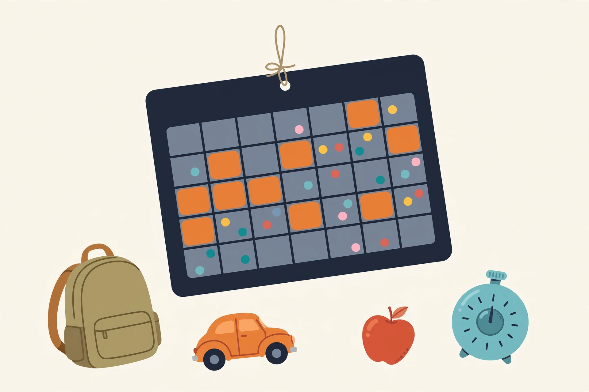 Flat vector illustration of a large wall calendar with colorful family event blocks, a backpack, a toy car, and a kitchen timer