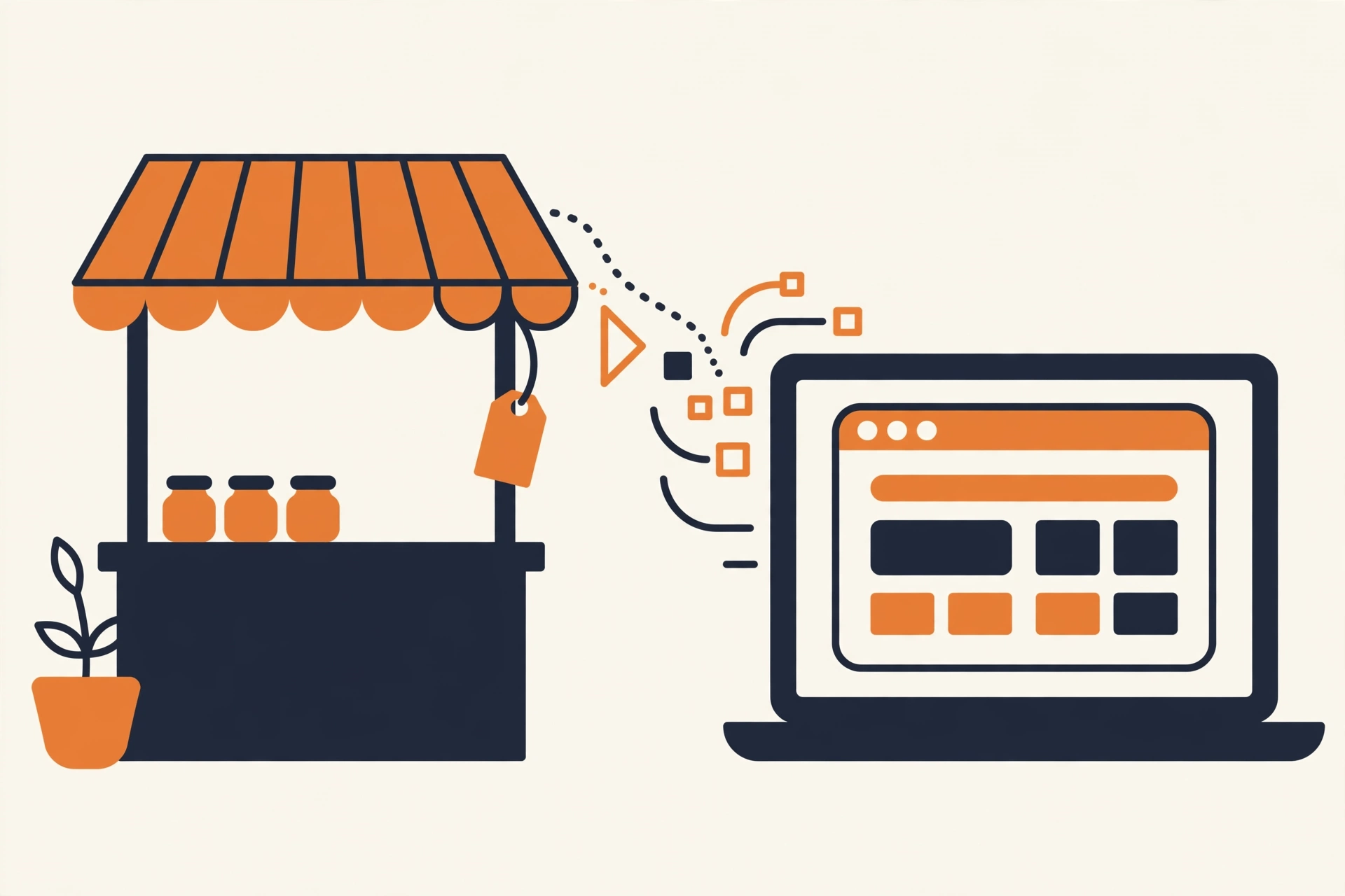 A small shop stall turning into a website on a laptop, flat illustration
