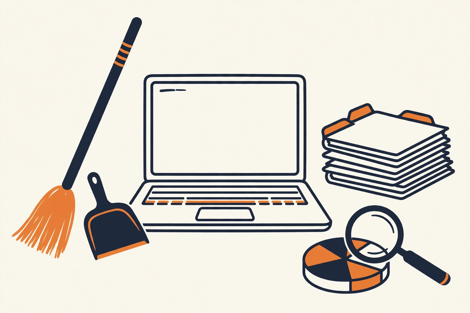 Flat illustration of a laptop with a broom and dustpan, a stack of folders, and a magnifying glass over a disk chart, in cream, navy, and orange