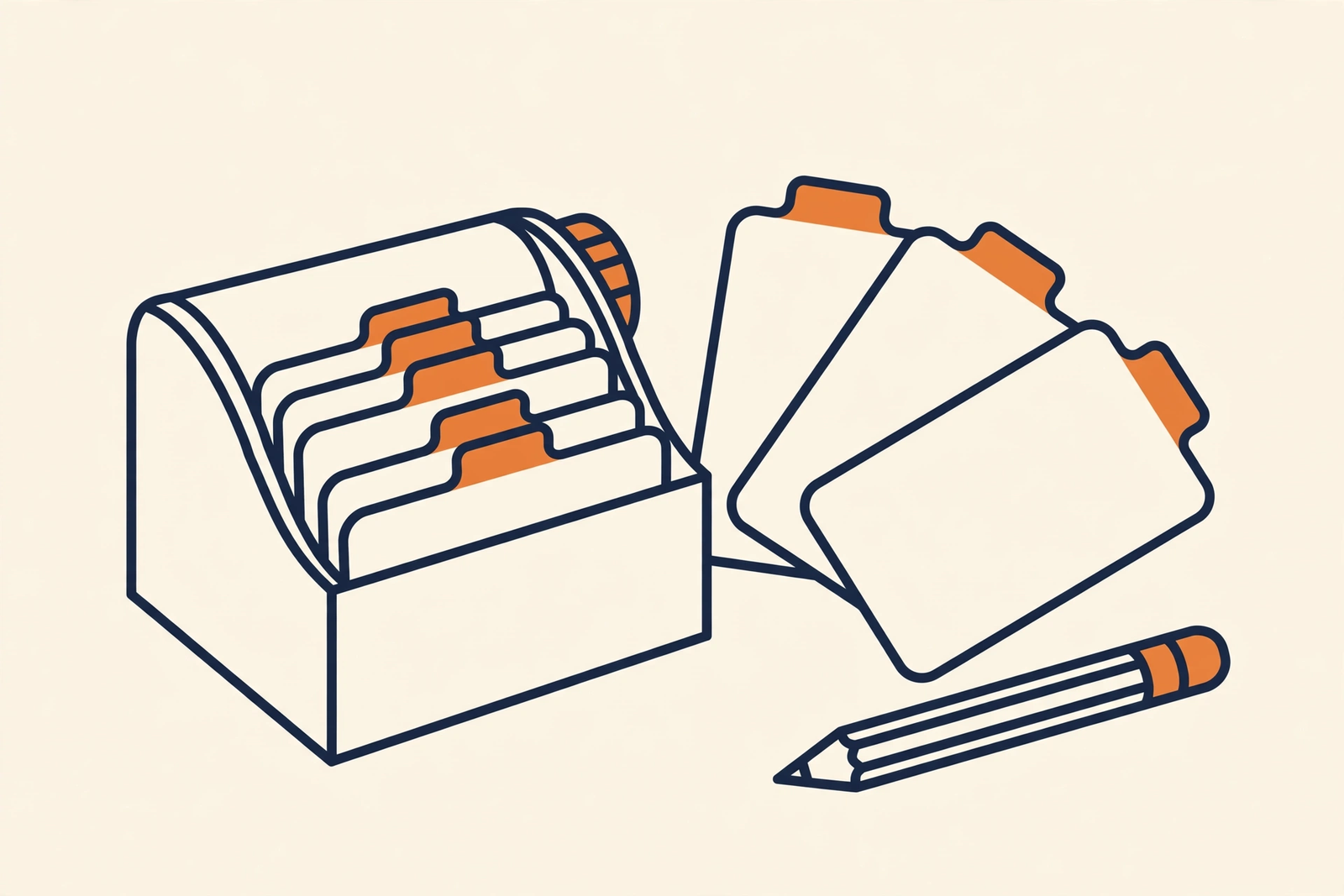 Illustration of a card file with index cards and a pencil, a metaphor for organizing client relationships in a free CRM.