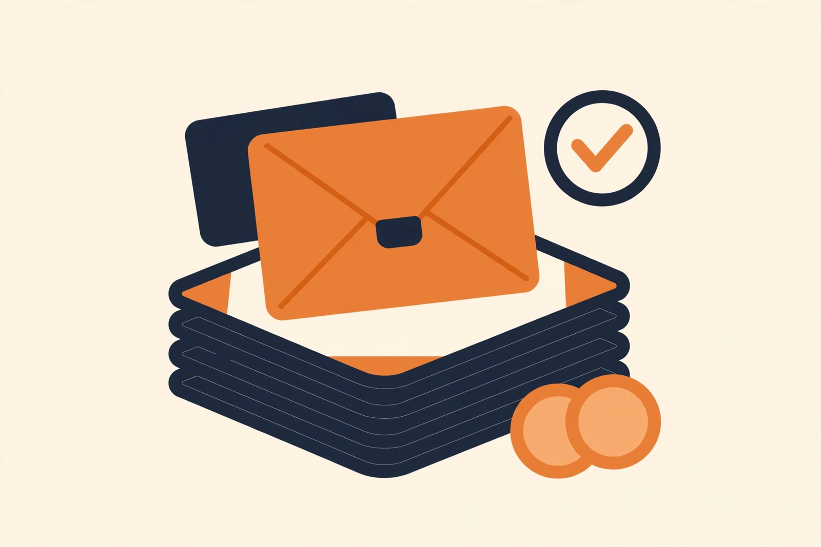 Flat vector illustration of envelopes, a stack of invoices, and coins on a cream background, in ink navy and warm orange.