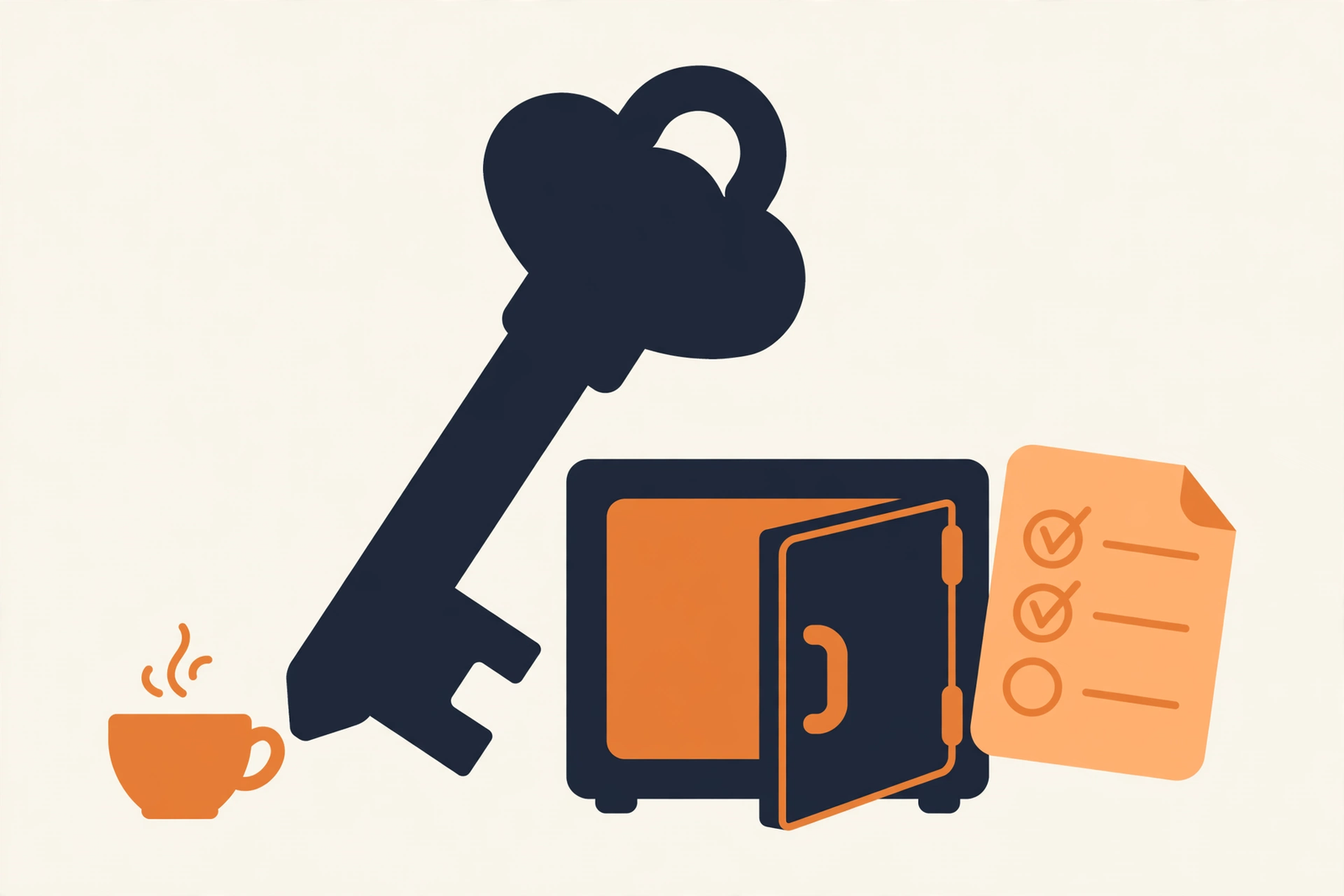 Flat vector illustration of a large key, an open safe, a checklist, and a coffee cup on a cream background, in ink navy and warm orange.