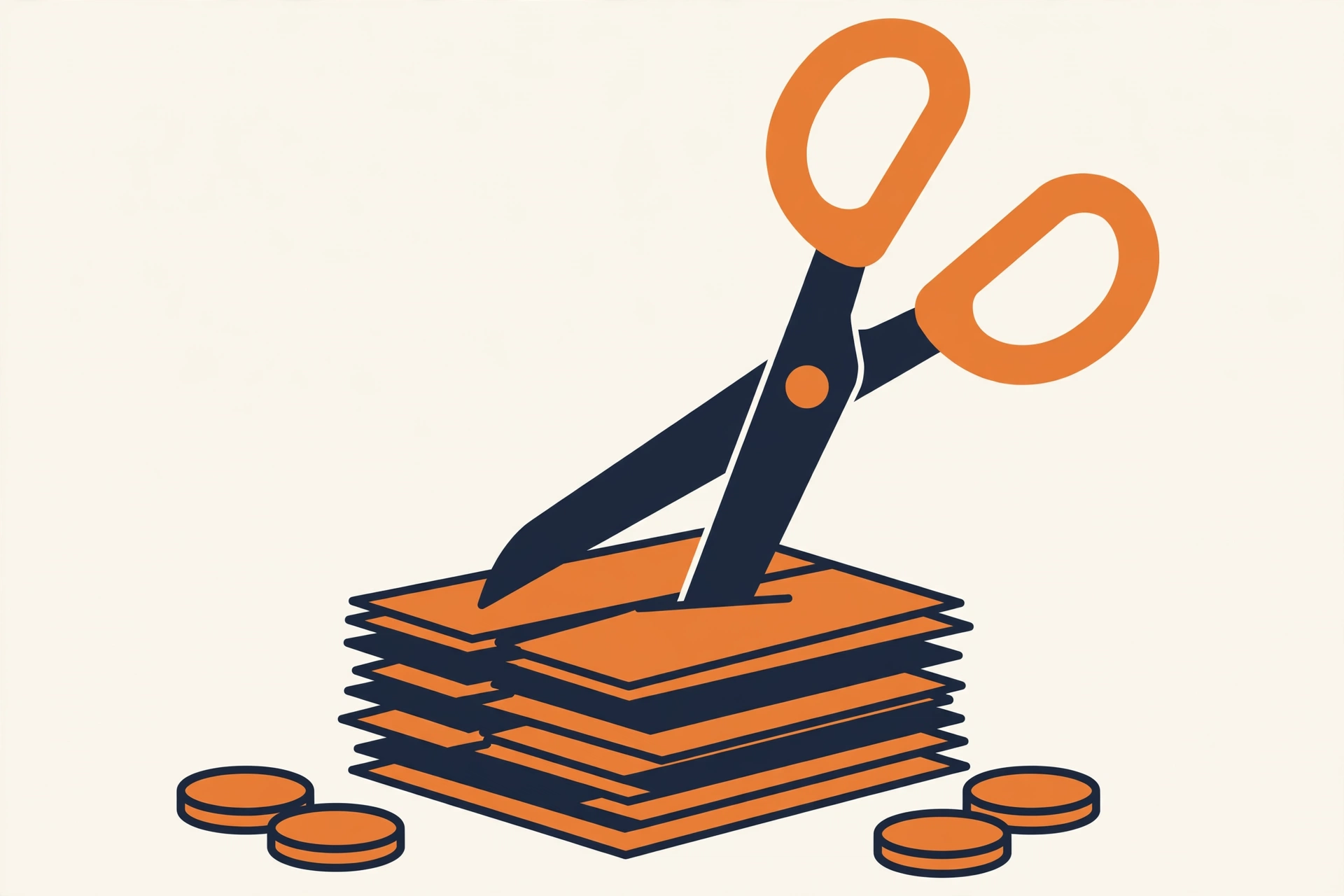 Flat vector illustration of scissors cutting through a stack of subscription cards with coins beside them
