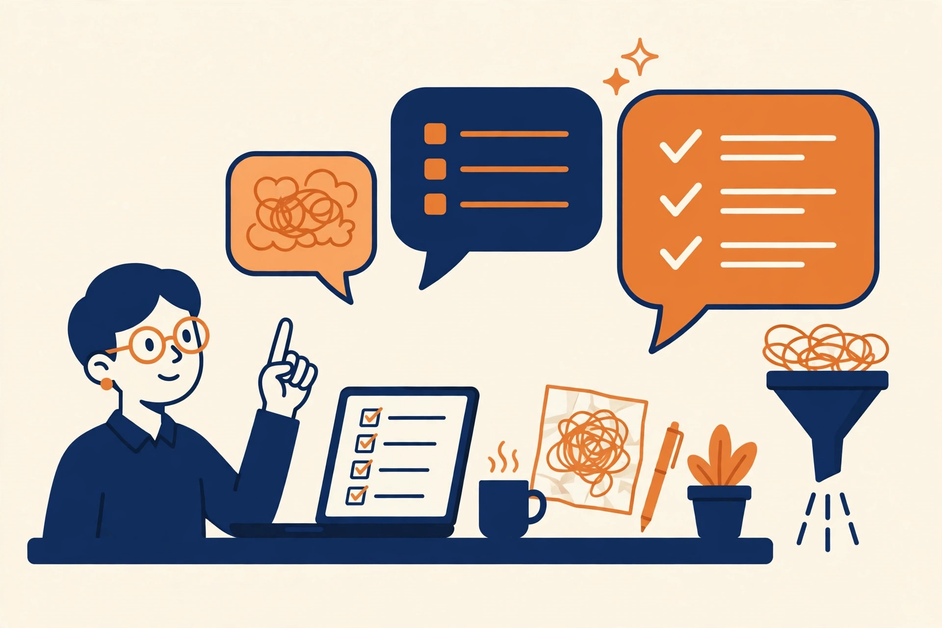 A person giving clear, tidy directions to a laptop, flat illustration