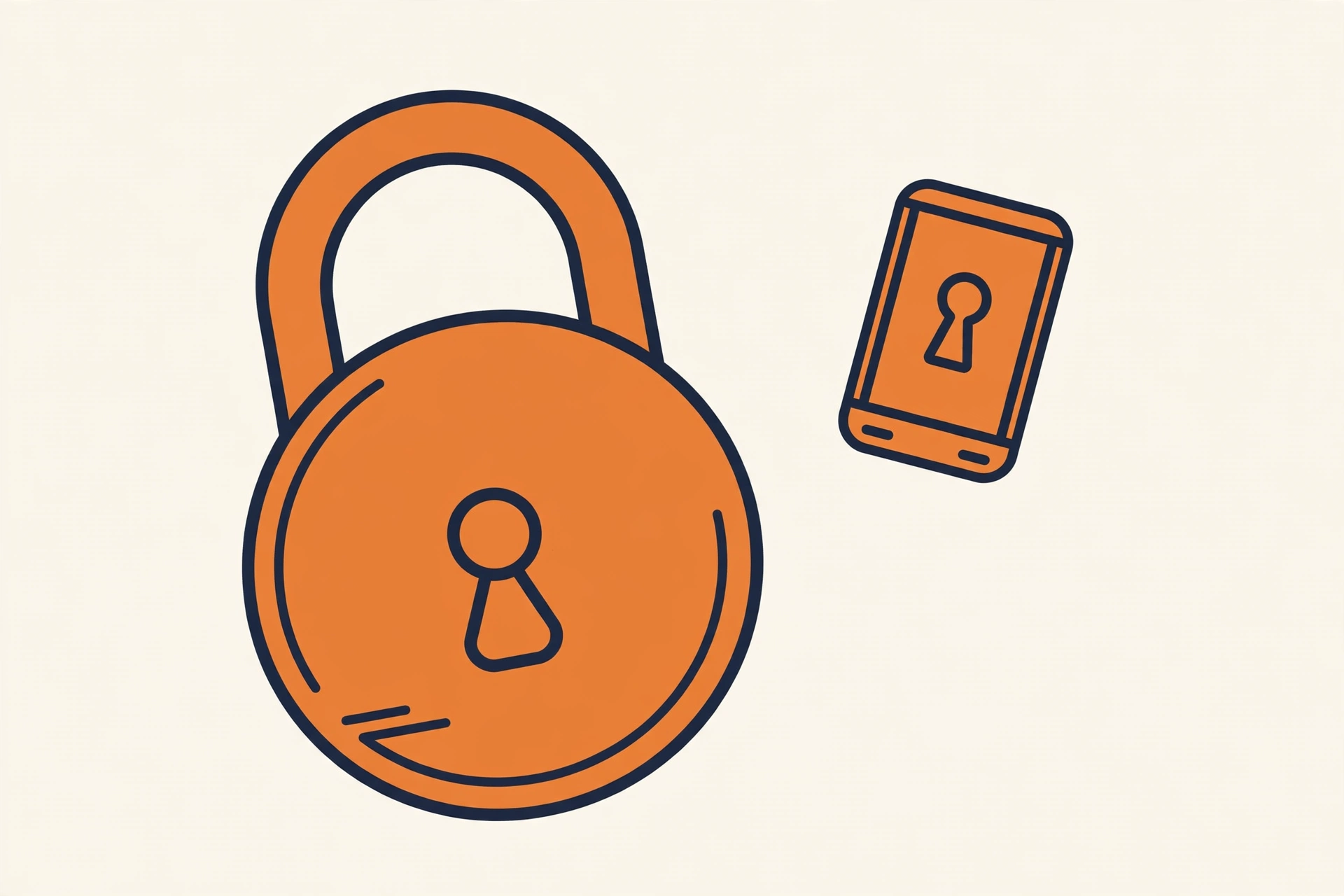 Flat vector illustration of an orange padlock beside a small smartphone