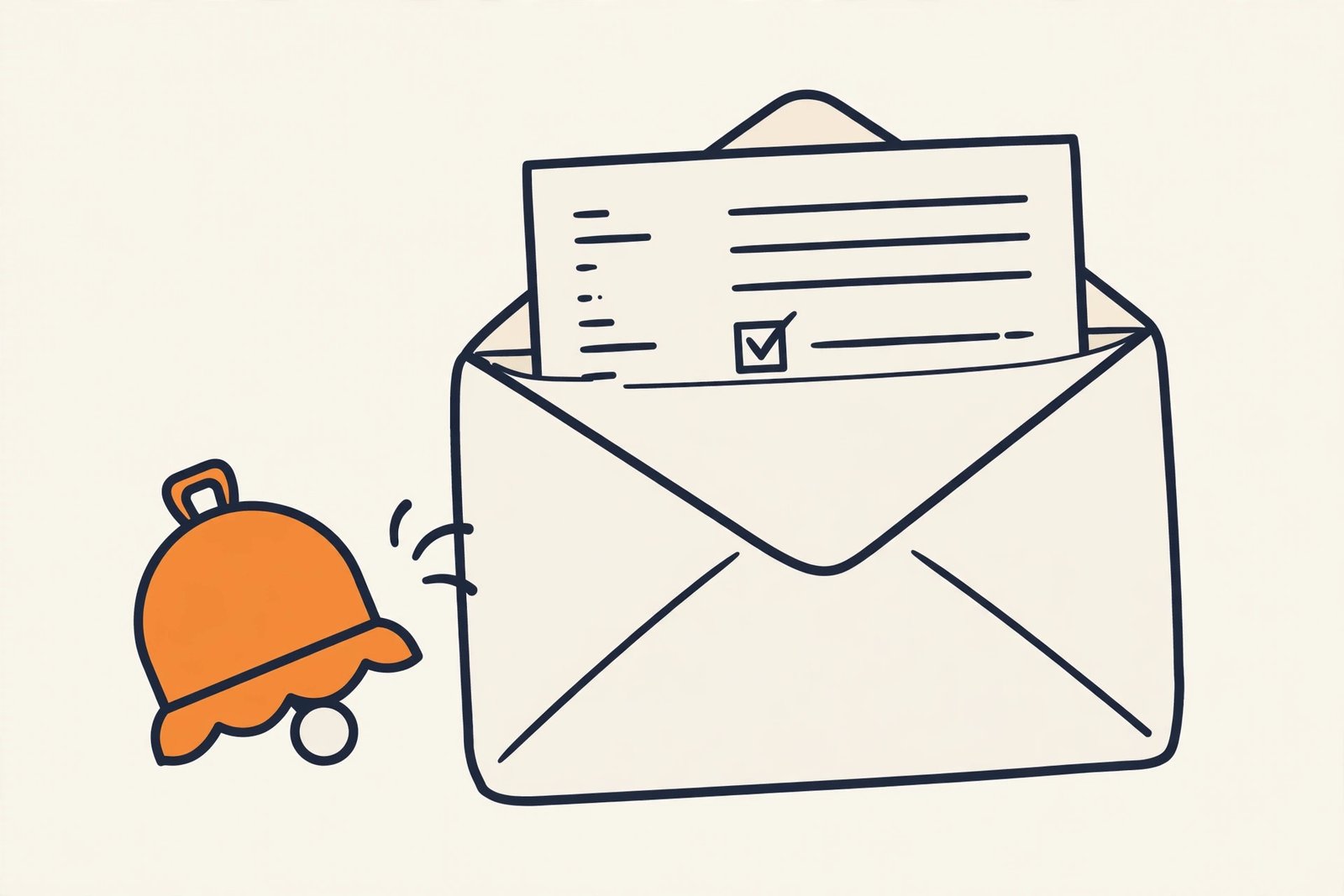 Flat illustration of an envelope with an invoice inside and a small bell nudging it — a gentle payment reminder.
