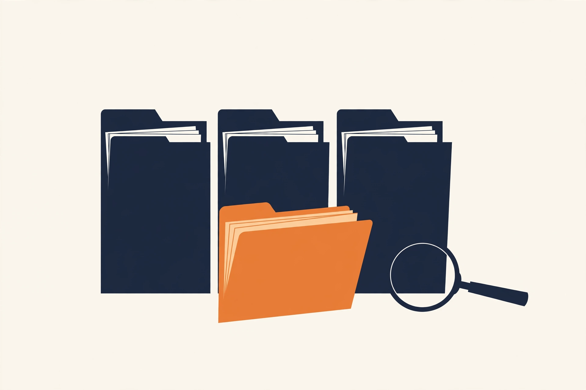 Flat illustration of three tidy navy file folders with a small orange folder sliding into place and a magnifying glass beside them.