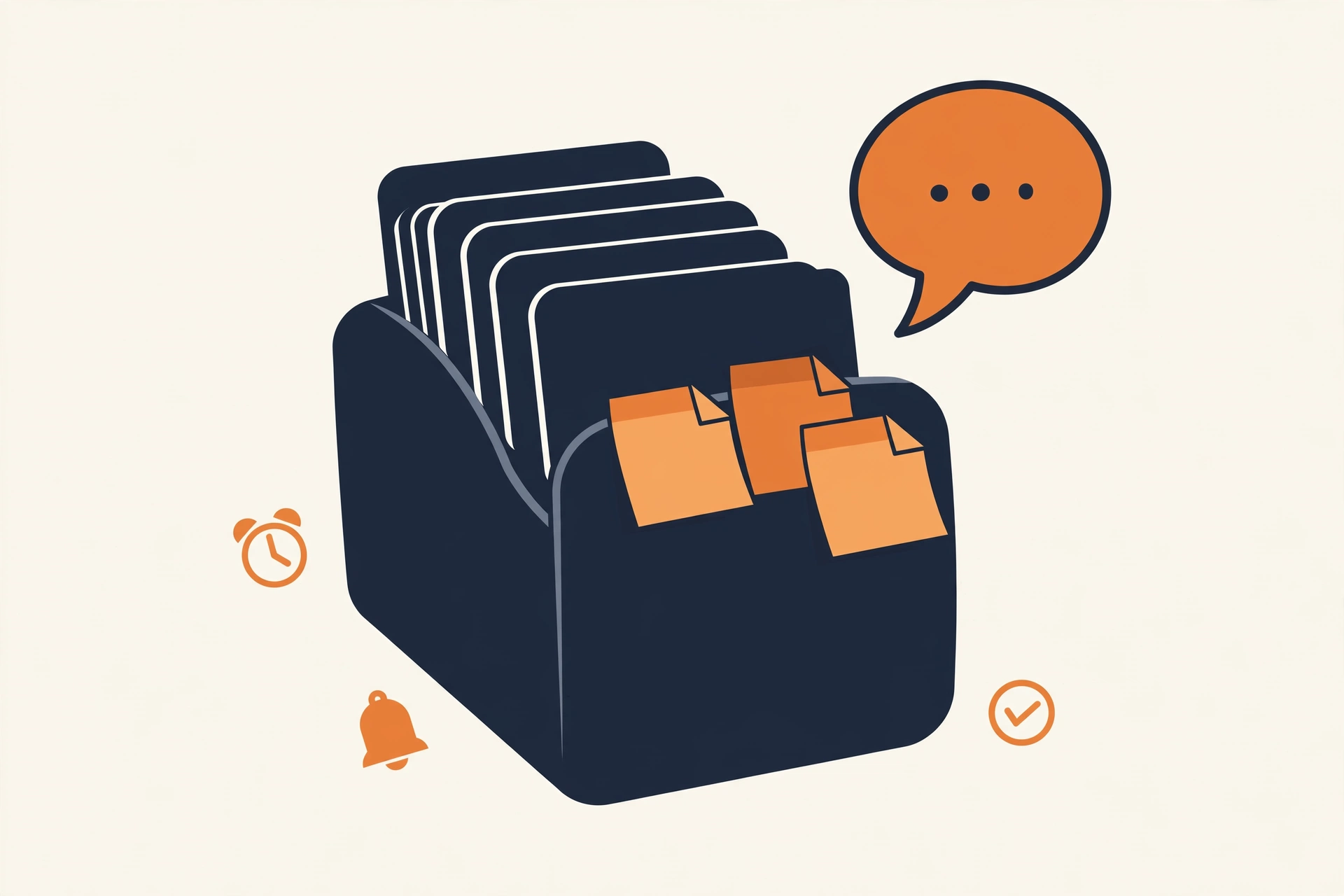 Flat vector illustration of a Rolodex-style card file with reminder notes and a speech bubble, a visual metaphor for a CRM.