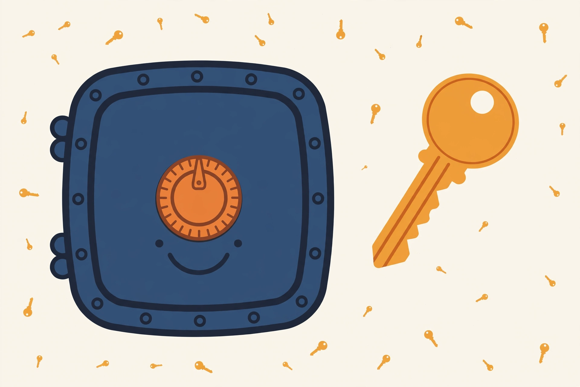 Flat illustration of a friendly navy vault door with an orange dial and a large golden key beside it, small keys scattered like confetti.