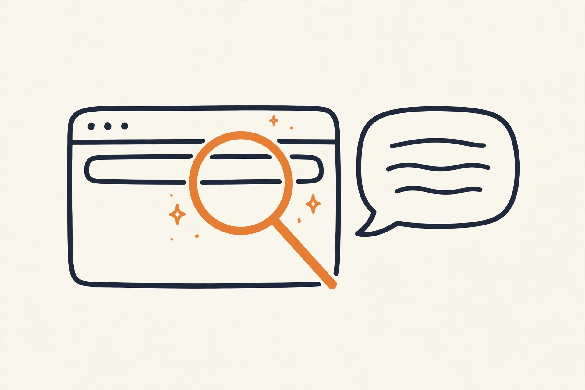Flat vector illustration of a browser window with an orange magnifying glass over the address bar