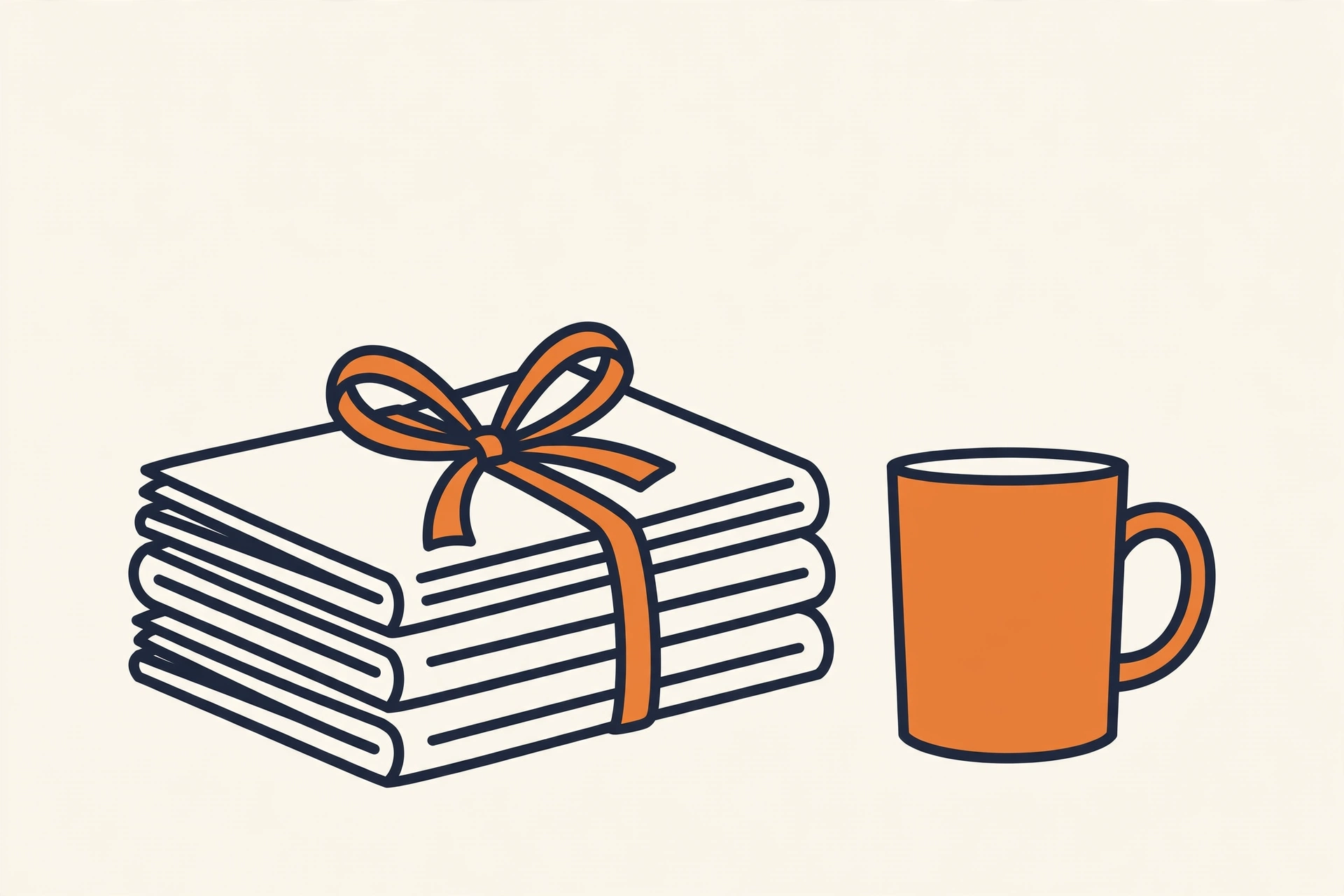 Plain Manual Weekly #1: AI That Drives Your Apps, Apple's New 'No', and Our First 16 Posts 1 Flat vector illustration of a stack of newspapers tied with an orange ribbon next to an orange coffee mug, in cream, ink navy, and orange.