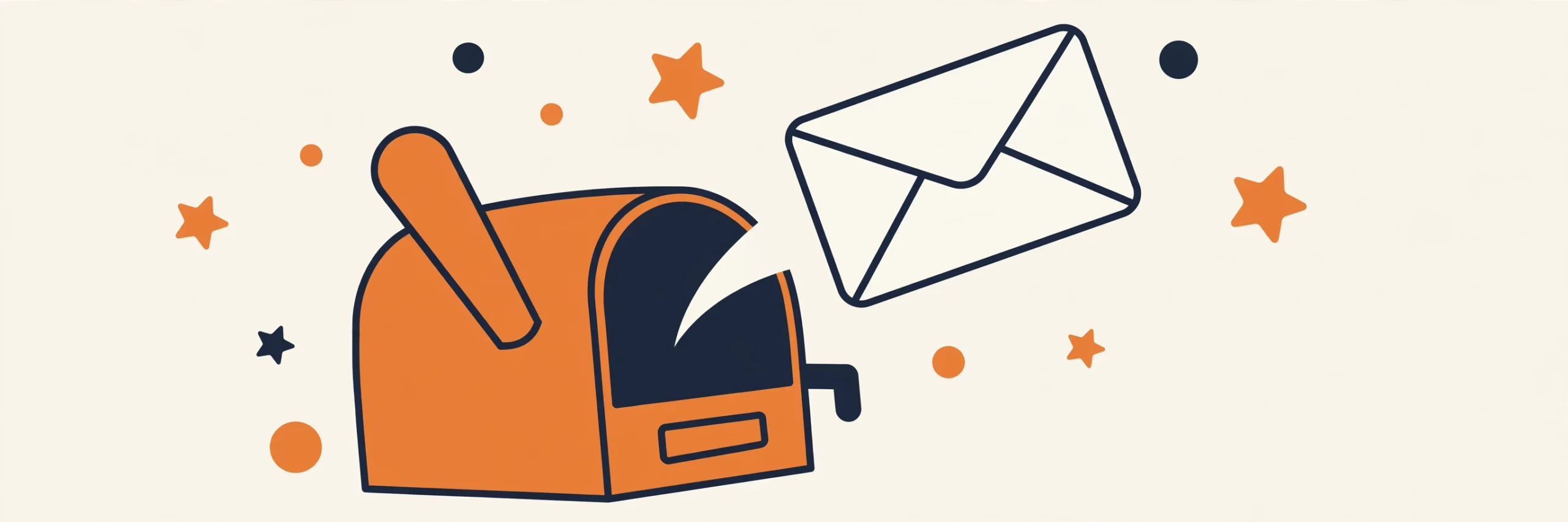 Flat vector illustration of an open mailbox with a newsletter envelope floating out beside small paper stars, in cream, ink navy, and orange.
